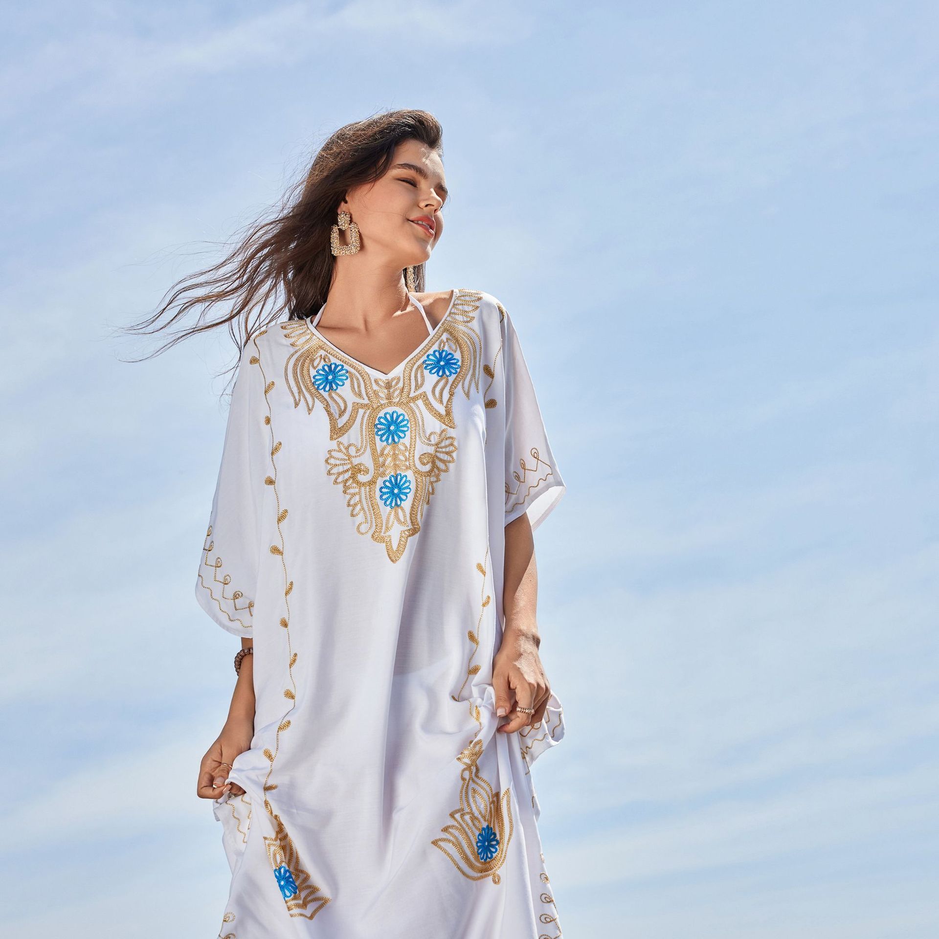 Женская вышивка с коротким рукавом Beach Kaftan Side Split Cover Up Dress